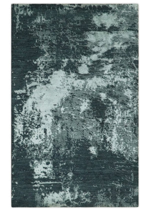 Dark Teal, Gray and Silver Modern Abstract Hand Knotted 5x8 wool Area Rug