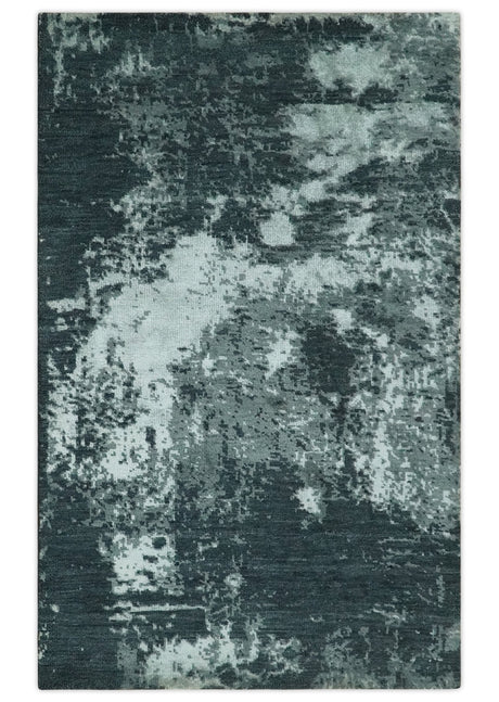 Dark Teal, Gray and Silver Modern Abstract Hand Knotted 5x8 wool Area Rug
