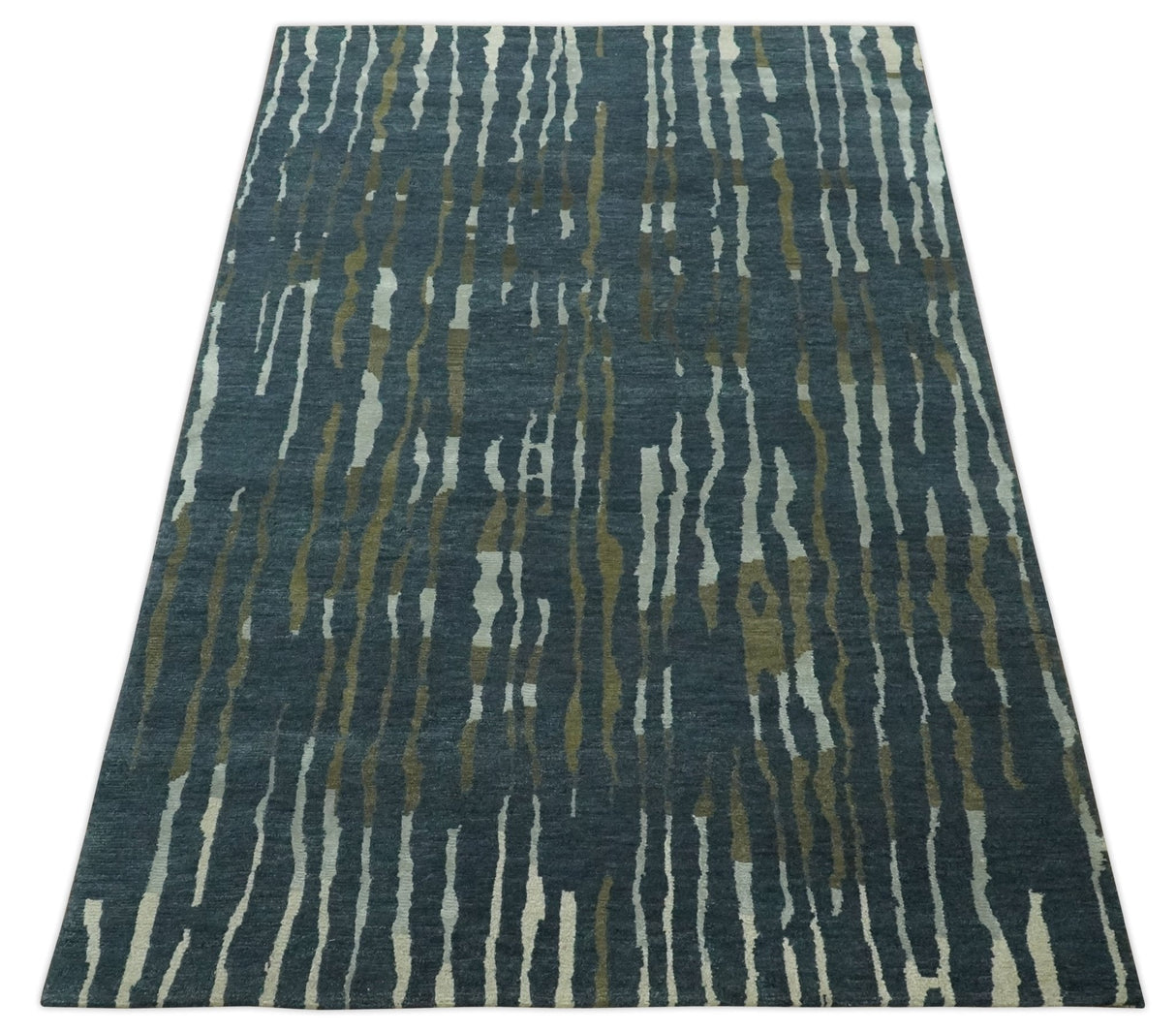 Dark Teal, Olive and Silver Modern Stripes Design Hand loom 5x8 wool and Art Silk Area rug