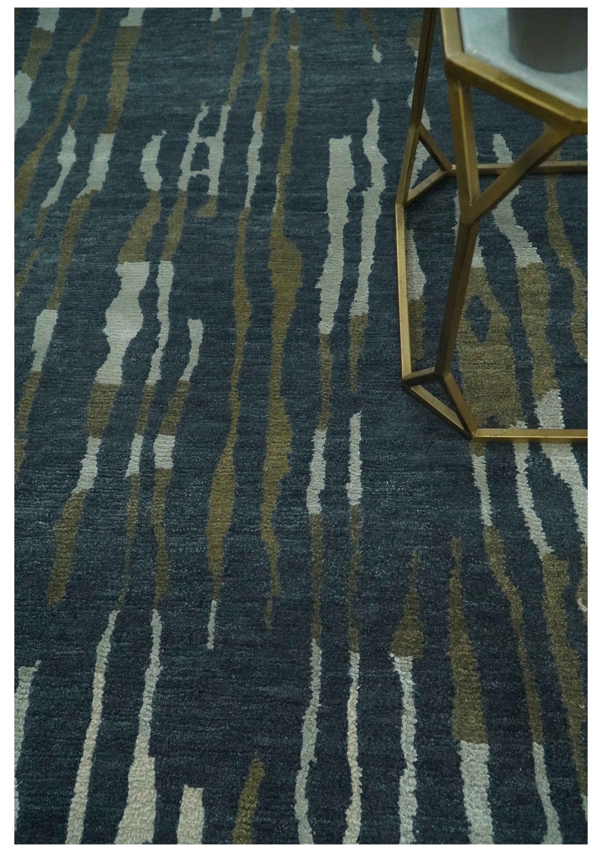 Dark Teal, Olive and Silver Modern Stripes Design Hand loom 5x8 wool and Art Silk Area rug