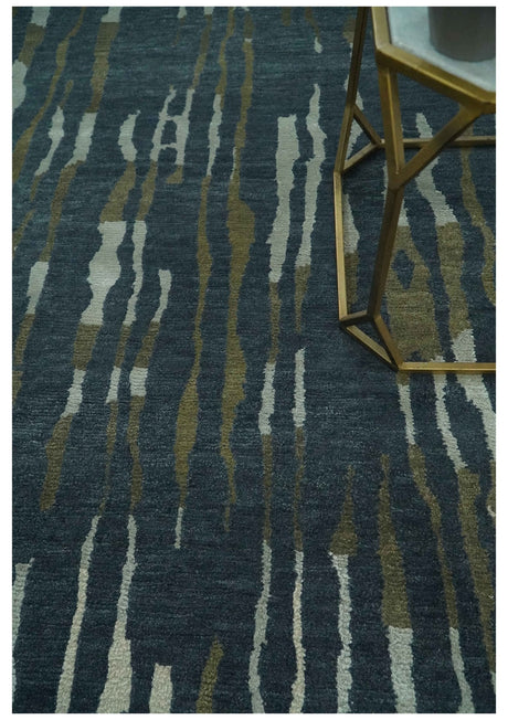 Dark Teal, Olive and Silver Modern Stripes Design Hand loom 5x8 wool and Art Silk Area rug