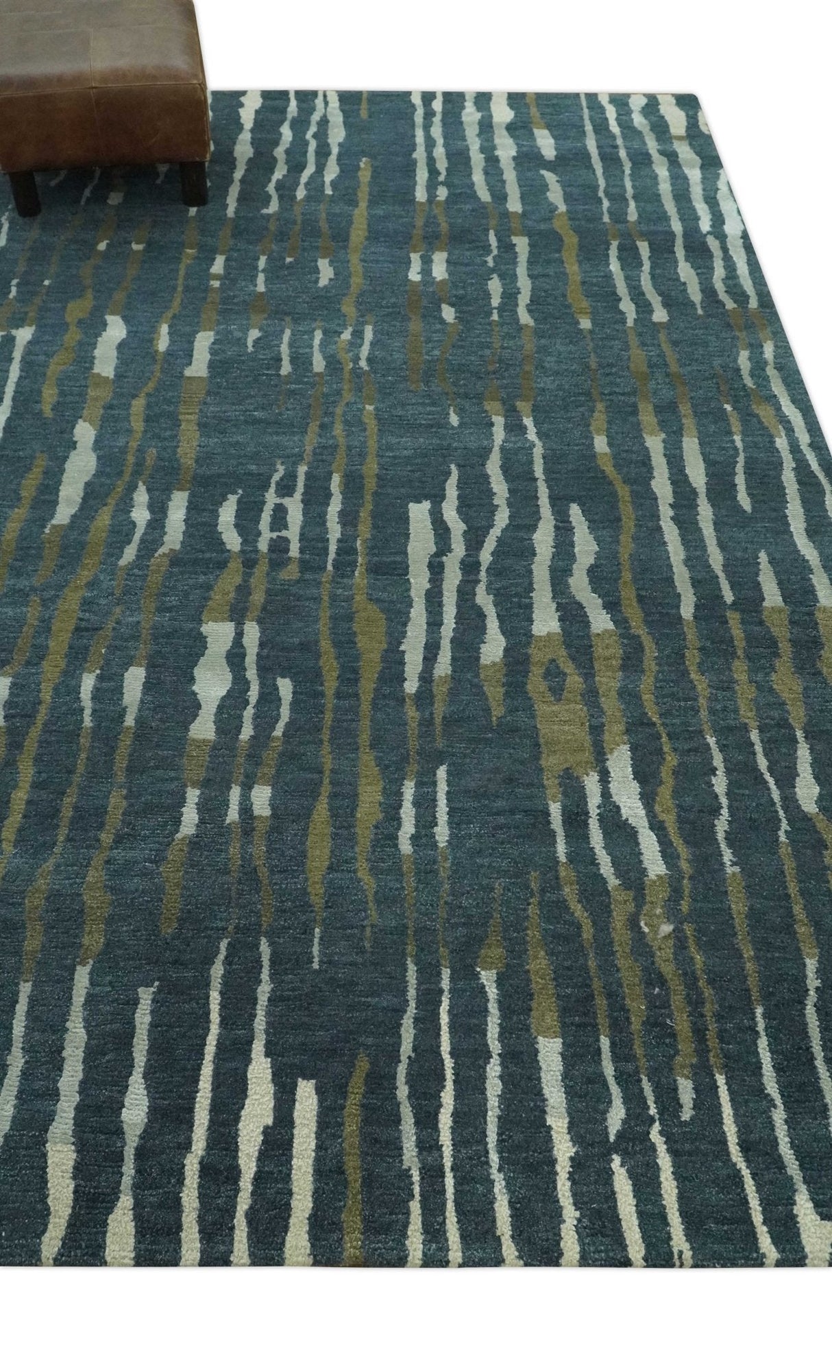 Dark Teal, Olive and Silver Modern Stripes Design Hand loom 5x8 wool and Art Silk Area rug