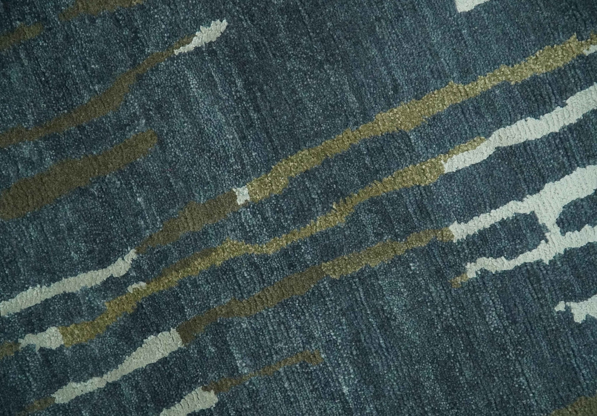 Dark Teal, Olive and Silver Modern Stripes Design Hand loom 5x8 wool and Art Silk Area rug