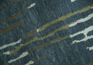 Dark Teal, Olive and Silver Modern Stripes Design Hand loom 5x8 wool and Art Silk Area rug