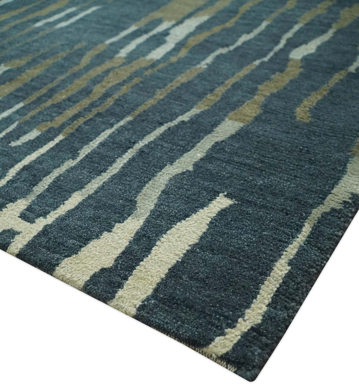 Dark Teal, Olive and Silver Modern Stripes Design Hand loom 5x8 wool and Art Silk Area rug
