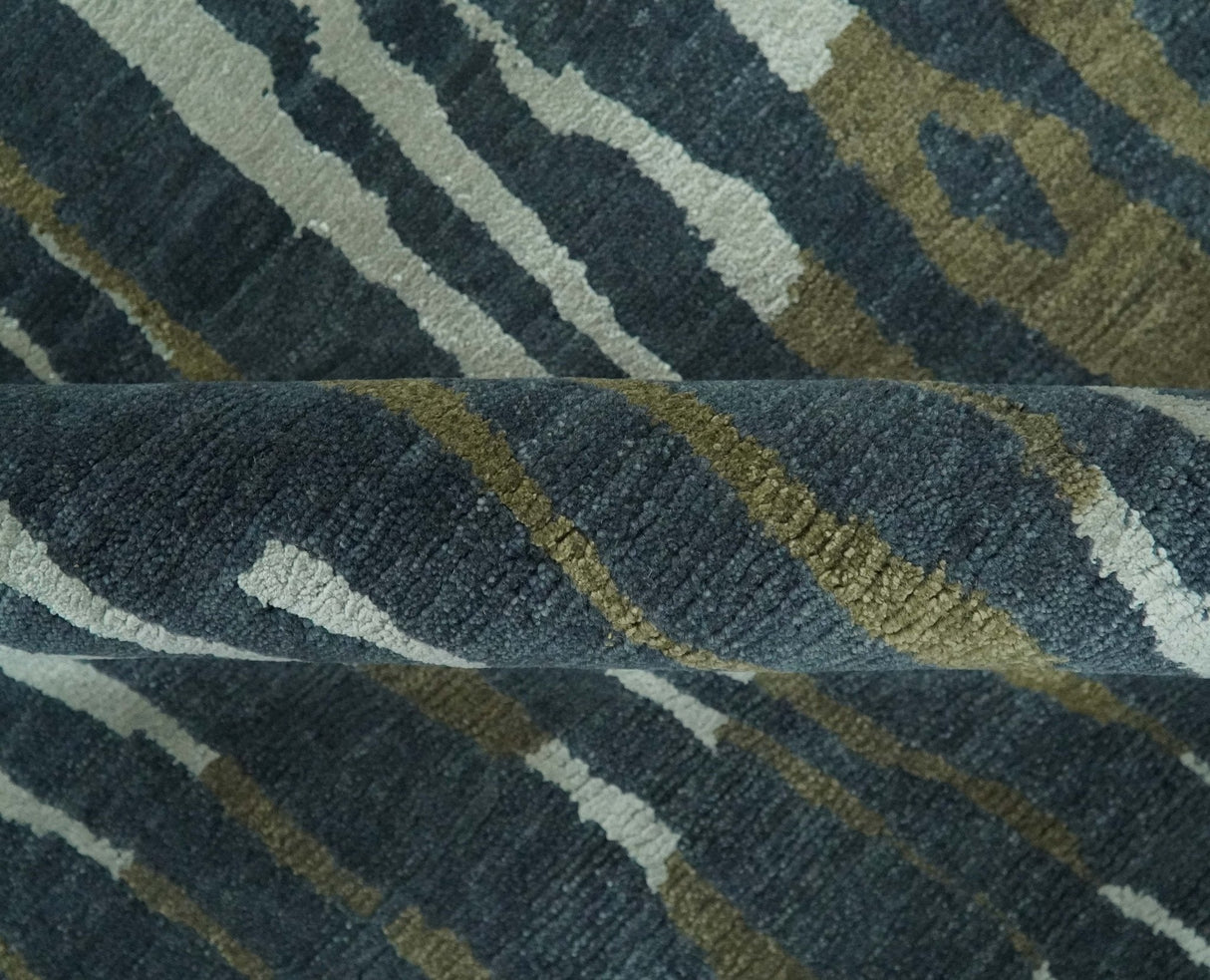 Dark Teal, Olive and Silver Modern Stripes Design Hand loom 5x8 wool and Art Silk Area rug