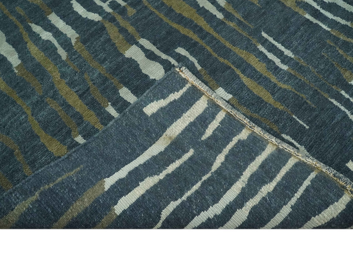 Dark Teal, Olive and Silver Modern Stripes Design Hand loom 5x8 wool and Art Silk Area rug
