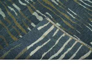 Dark Teal, Olive and Silver Modern Stripes Design Hand loom 5x8 wool and Art Silk Area rug