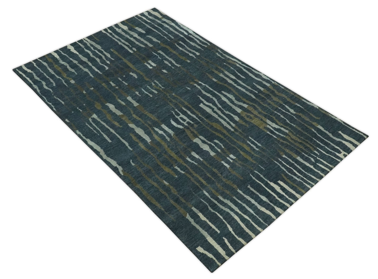 Dark Teal, Olive and Silver Modern Stripes Design Hand loom 5x8 wool and Art Silk Area rug