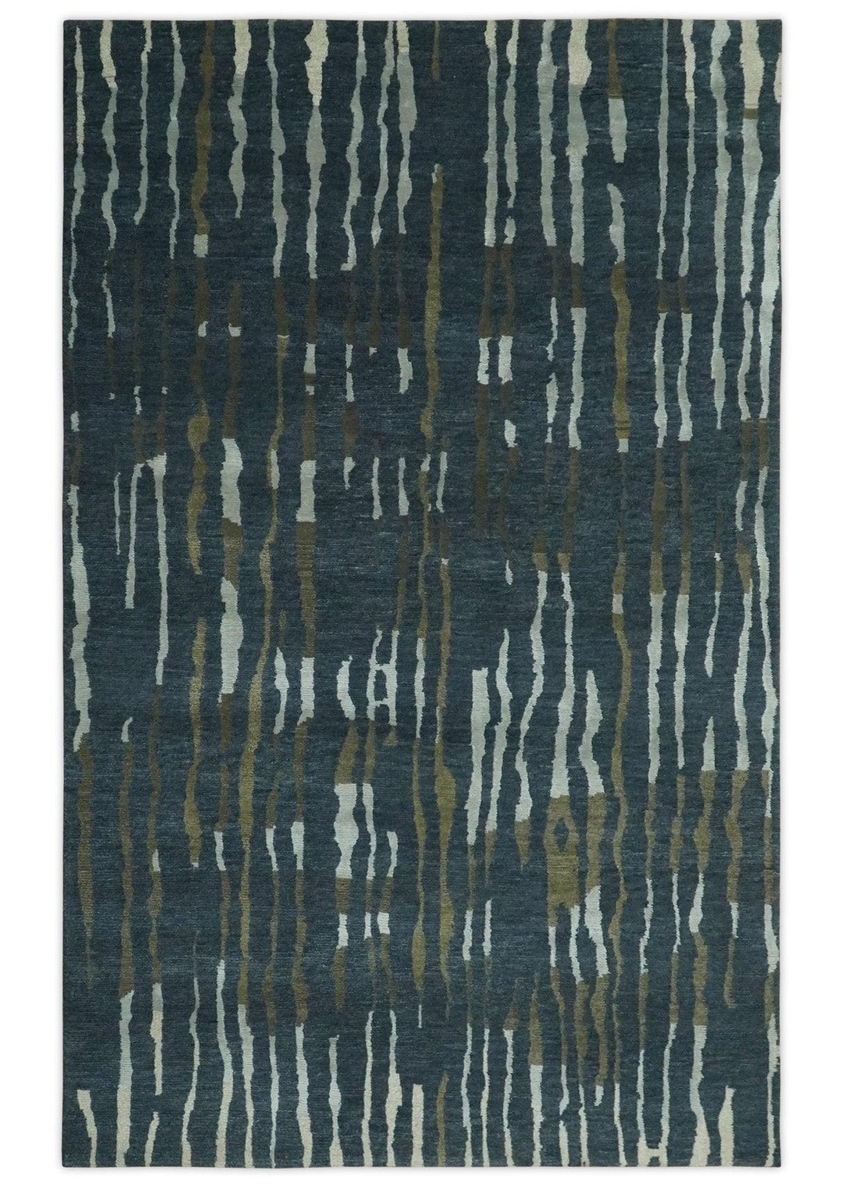Dark Teal, Olive and Silver Modern Stripes Design Hand loom 5x8 wool and Art Silk Area rug