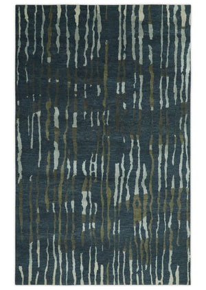 Dark Teal, Olive and Silver Modern Stripes Design Hand loom 5x8 wool and Art Silk Area rug