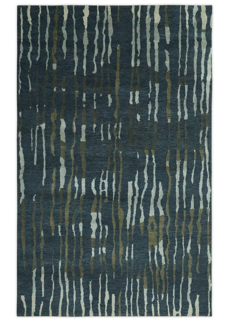 Dark Teal, Olive and Silver Modern Stripes Design Hand loom 5x8 wool and Art Silk Area rug