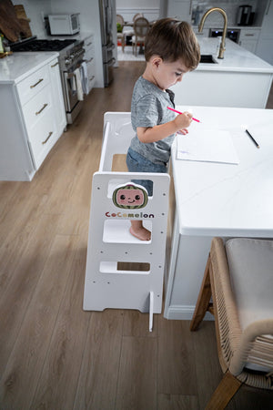 Date CocoMelon 3-in-1 Kitchen Tower for Kids – Step Stool & Chalkboard Learning Helper
