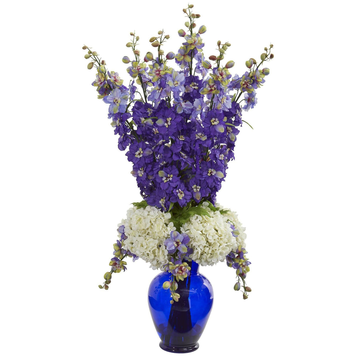 Delphinium and Hydrangea Artificial Arrangement in Blue Vase