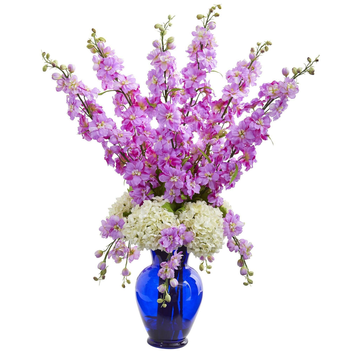 Delphinium and Hydrangea Artificial Arrangement in Blue Vase