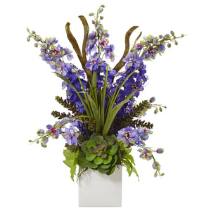 Delphinium and Succulent Arrangement