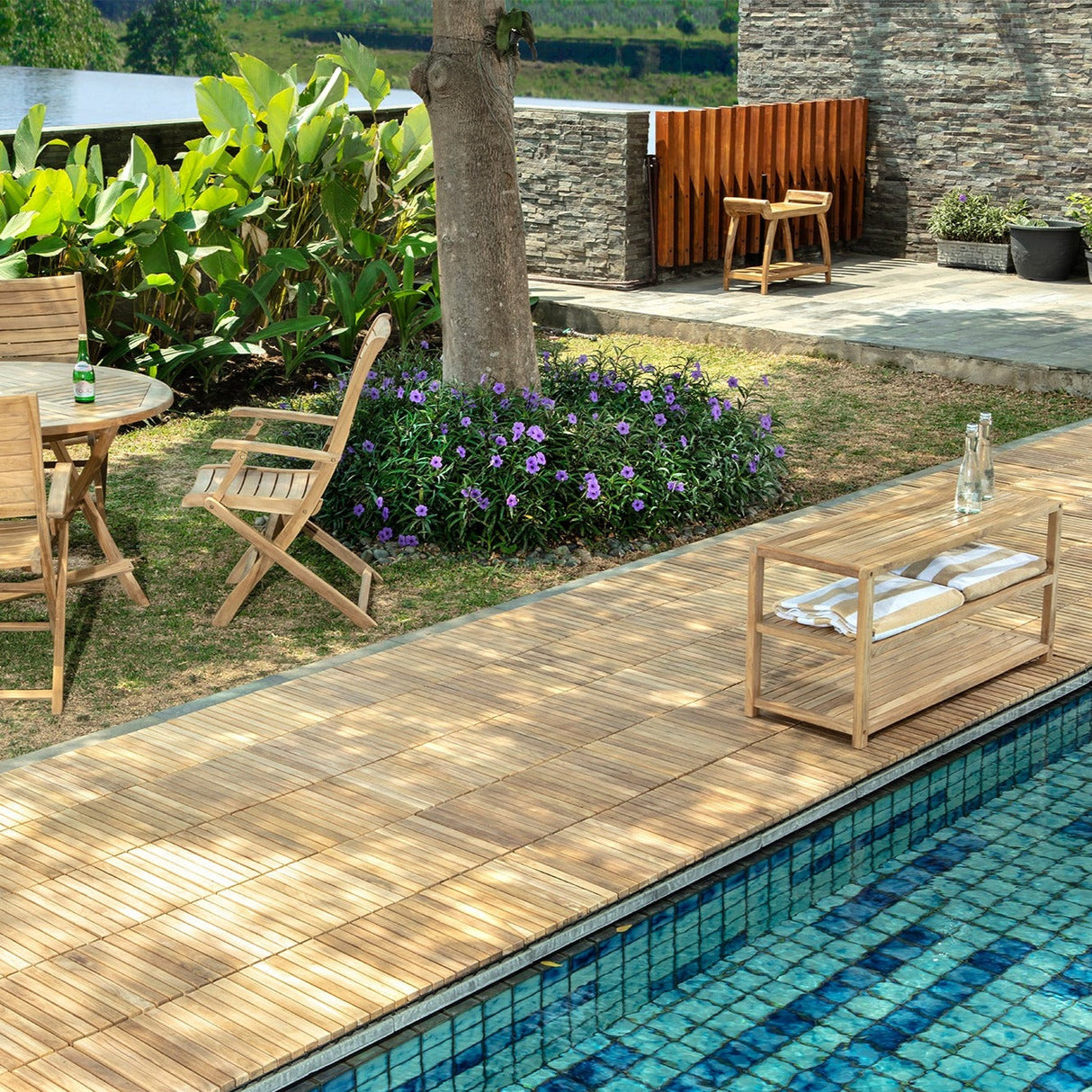 Denali Natural Teak Outdoor Interlocking Tiles, 9 Slat (10 sq ft)