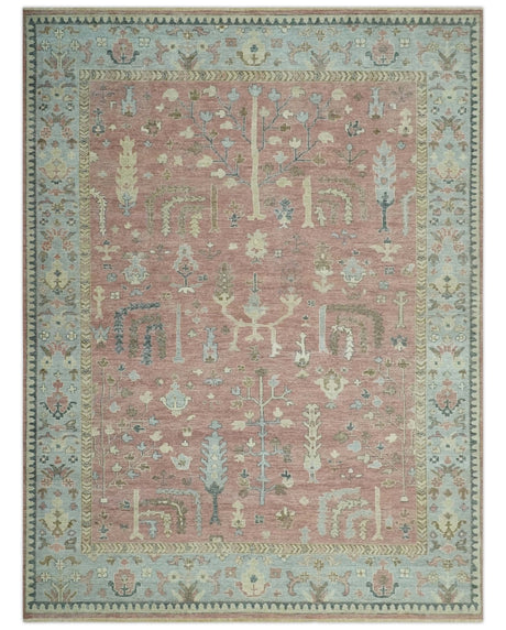 Distress Finished Tree of Life Hand Knotted Rust and Blue Custom Made Wool Rug