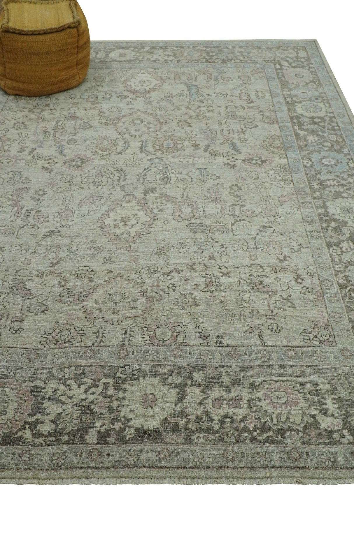 Distressed Traditional Design Beige, Brown And Pink 8x10 Hand Knotted wool rug