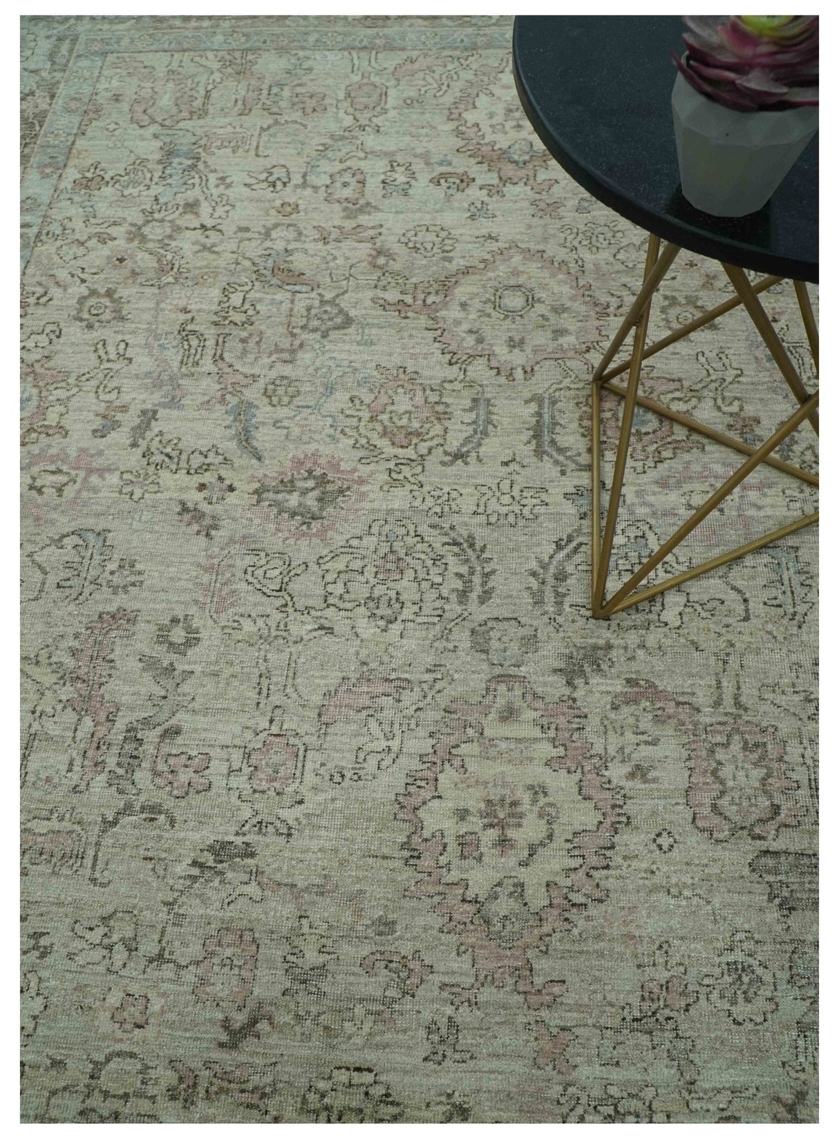 Distressed Traditional Design Beige, Brown And Pink 8x10 Hand Knotted wool rug