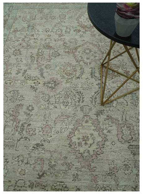 Distressed Traditional Design Beige, Brown And Pink 8x10 Hand Knotted wool rug