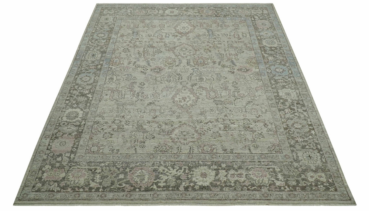 Distressed Traditional Design Beige, Brown And Pink 8x10 Hand Knotted wool rug