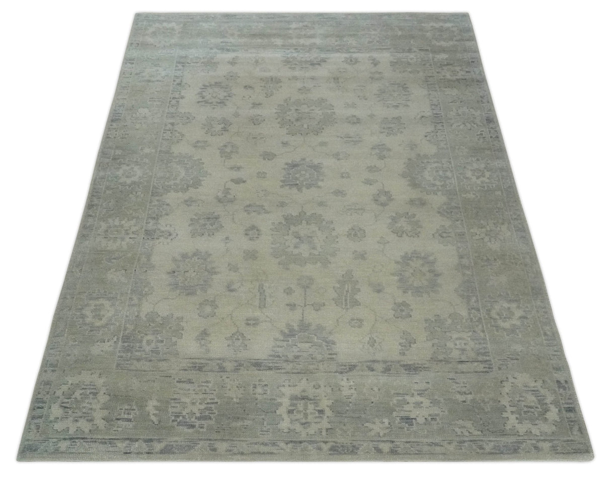 Earthy 8x10 Beige and Light Green Hand knotted Traditional Oushak wool Area Rug