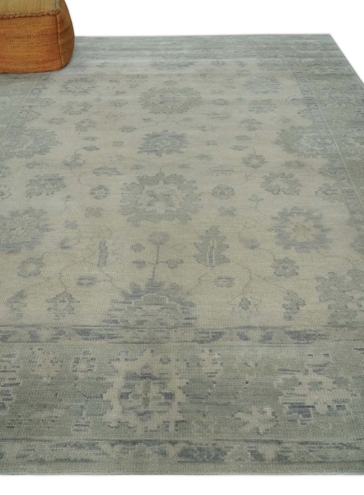 Earthy 8x10 Beige and Light Green Hand knotted Traditional Oushak wool Area Rug