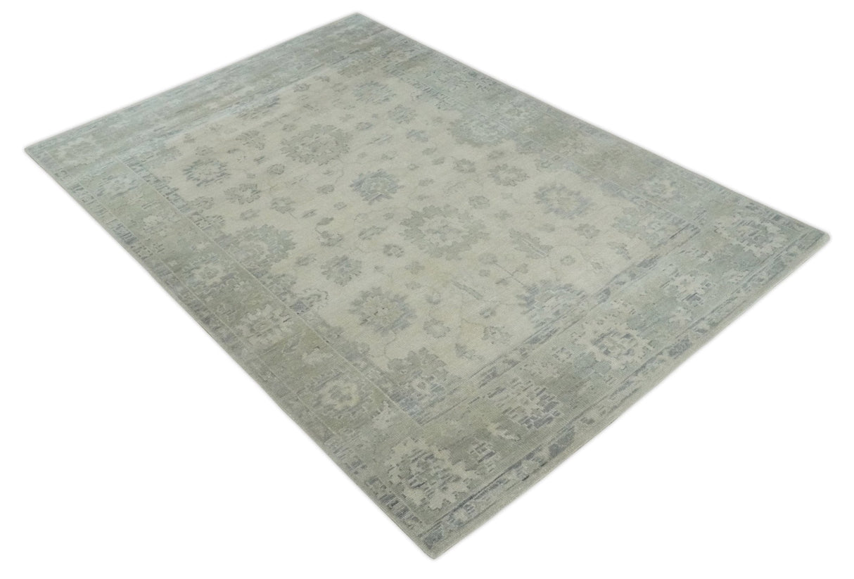 Earthy 8x10 Beige and Light Green Hand knotted Traditional Oushak wool Area Rug