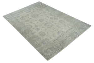 Earthy 8x10 Beige and Light Green Hand knotted Traditional Oushak wool Area Rug