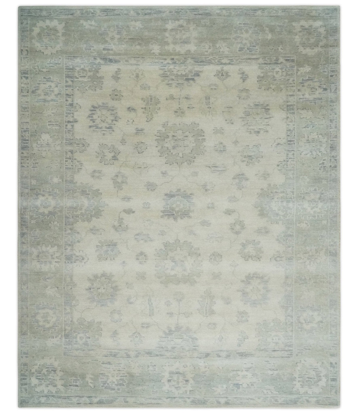 Earthy 8x10 Beige and Light Green Hand knotted Traditional Oushak wool Area Rug