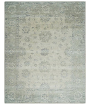 Earthy 8x10 Beige and Light Green Hand knotted Traditional Oushak wool Area Rug