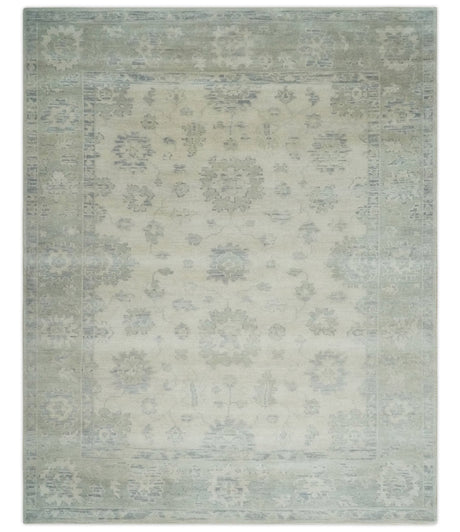 Earthy 8x10 Beige and Light Green Hand knotted Traditional Oushak wool Area Rug