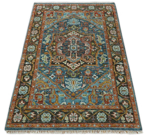 Eclectic 5x8 Wool Traditional Persian Blue and Brown Vibrant Colorful Hand knotted SerapiArea Rug | TRDCP19158