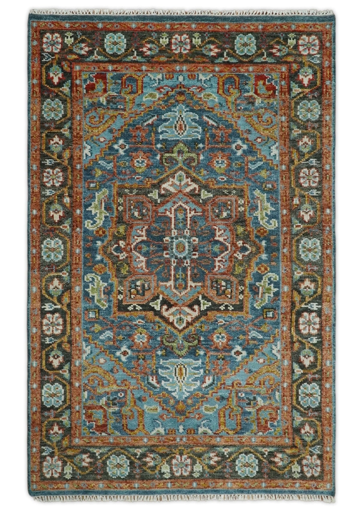 Eclectic 5x8 Wool Traditional Persian Blue and Brown Vibrant Colorful Hand knotted SerapiArea Rug | TRDCP19158