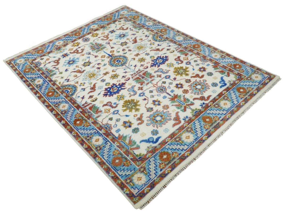 Eclectic 8x10 All Wool Traditional Persian Blue and Ivory Vibrant Colorful Hand knotted Persian Area Rug | TRDCP159810