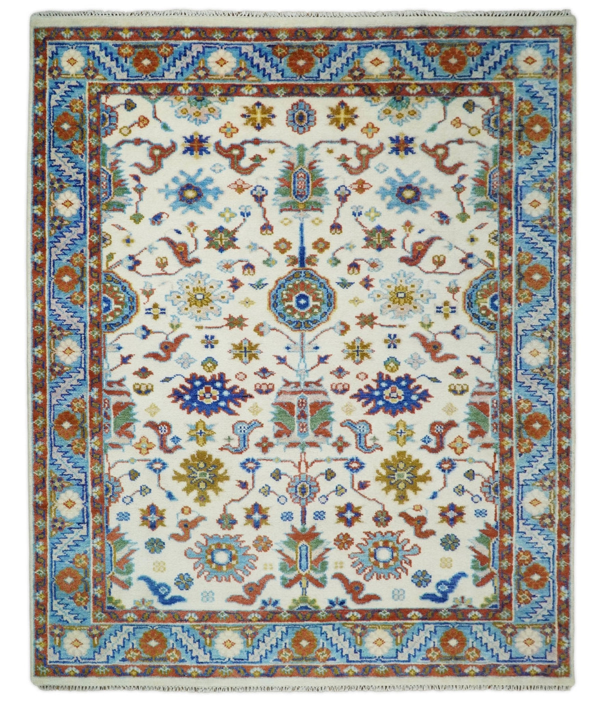 Eclectic 8x10 All Wool Traditional Persian Blue and Ivory Vibrant Colorful Hand knotted Persian Area Rug | TRDCP159810