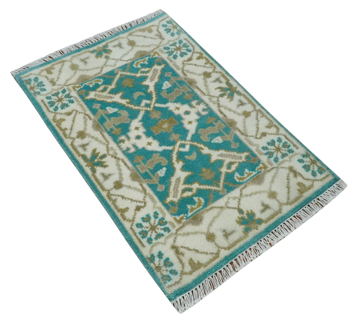 Entryway 2x3 Blue and Ivory Hand Knotted Oriental Oushak Wool Area Rug
