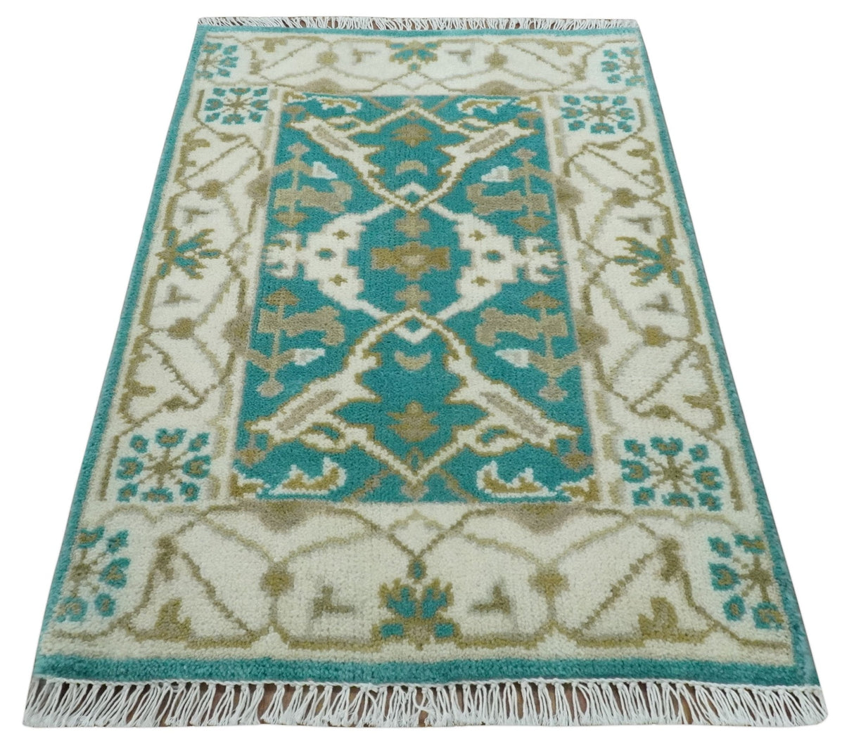Entryway 2x3 Blue and Ivory Hand Knotted Oriental Oushak Wool Area Rug