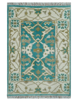 Entryway 2x3 Blue and Ivory Hand Knotted Oriental Oushak Wool Area Rug