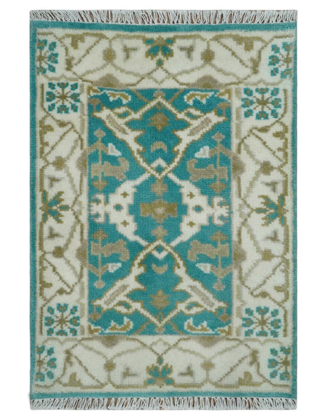 Entryway 2x3 Blue and Ivory Hand Knotted Oriental Oushak Wool Area Rug