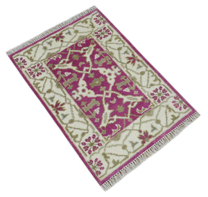 Entryway 2x3 Pink and Ivory Hand Knotted Oriental Oushak Wool Area Rug
