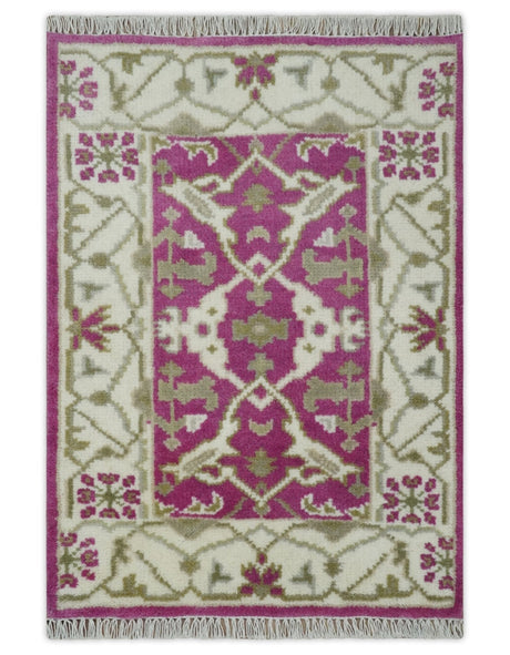 Entryway 2x3 Pink and Ivory Hand Knotted Oriental Oushak Wool Area Rug