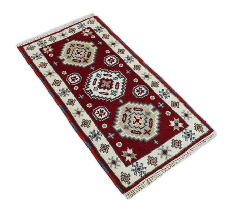 Entryway 2x4 Red and Ivory Wool Hand Knotted traditional Persian Vintage Antique Southwestern Kazak | TRDCP28424