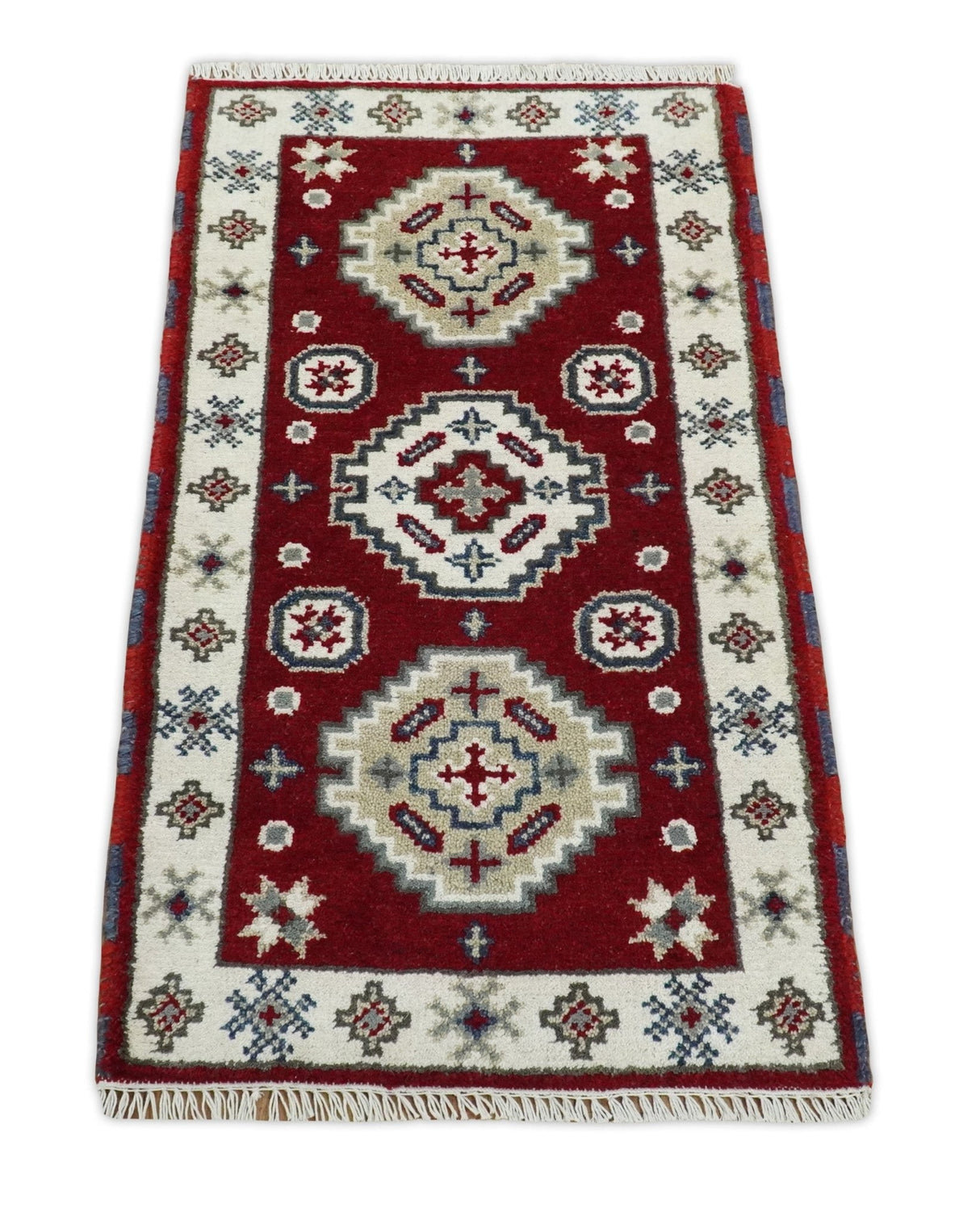Entryway 2x4 Red and Ivory Wool Hand Knotted traditional Persian Vintage Antique Southwestern Kazak | TRDCP28424