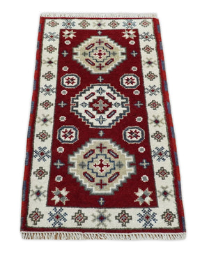 Entryway 2x4 Red and Ivory Wool Hand Knotted traditional Persian Vintage Antique Southwestern Kazak | TRDCP28424