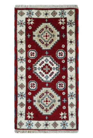 Entryway 2x4 Red and Ivory Wool Hand Knotted traditional Persian Vintage Antique Southwestern Kazak | TRDCP28424
