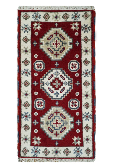 Entryway 2x4 Red and Ivory Wool Hand Knotted traditional Persian Vintage Antique Southwestern Kazak | TRDCP28424