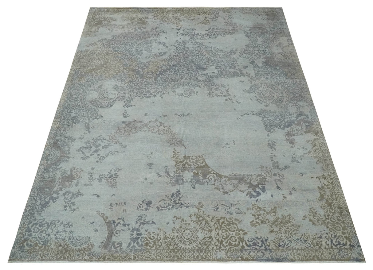 Erased Abstract 8x10 Silver, Blue and Brown Antique Style, Traditional Low Pile Hand Knotted Wool Rug