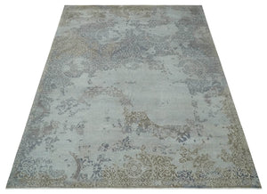 Erased Abstract 8x10 Silver, Blue and Brown Antique Style, Traditional Low Pile Hand Knotted Wool Rug